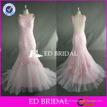 ED Bead Work Sleeveless Lace Appliqued Ankle Length Mermaid Pink Tulle Prom Dress